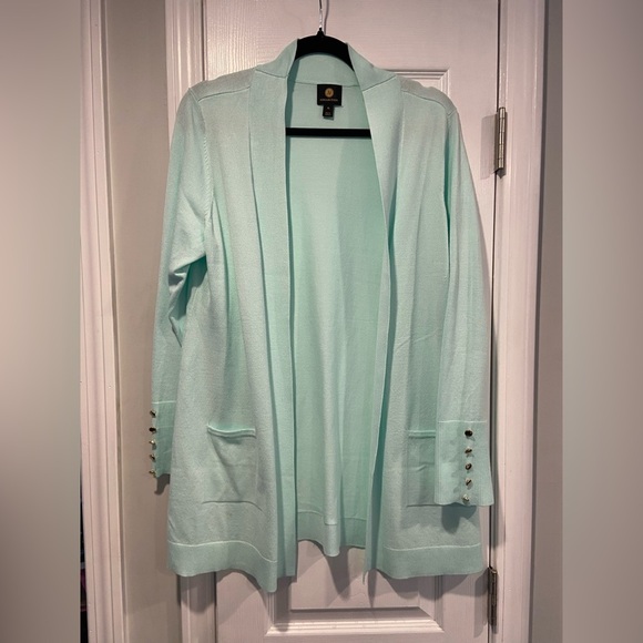 JM Collection Size LP Seafoam Open Front Gold Button Cuff Cardigan Lightweight - Picture 5 of 13